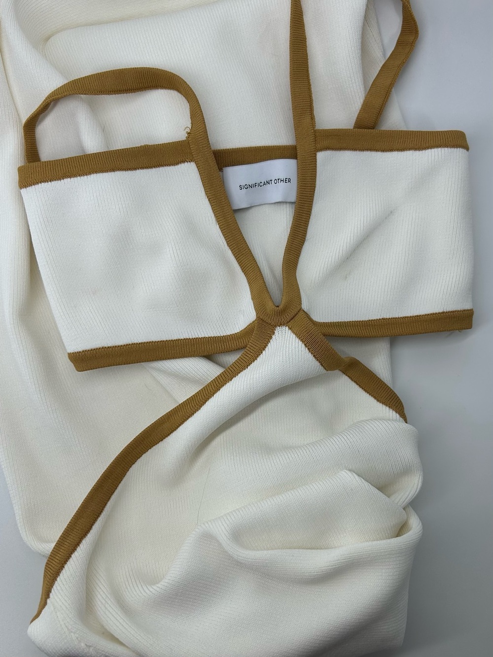Significant Other Cream Midi Dress with Tan Accent and Cutout Waist - Picture 6 of 9